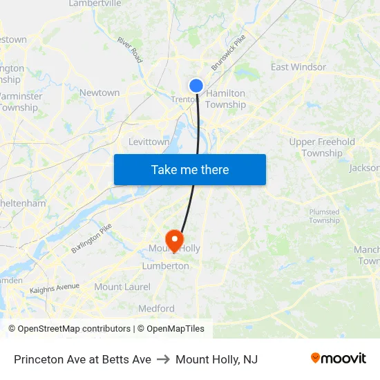 Princeton Ave at Betts Ave to Mount Holly, NJ map
