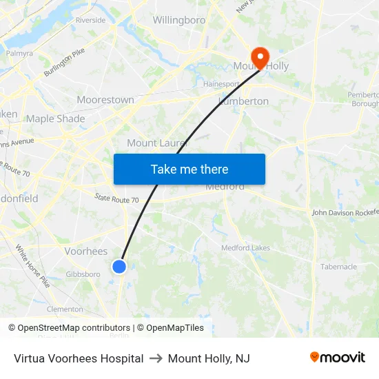 Virtua Voorhees Hospital to Mount Holly, NJ map