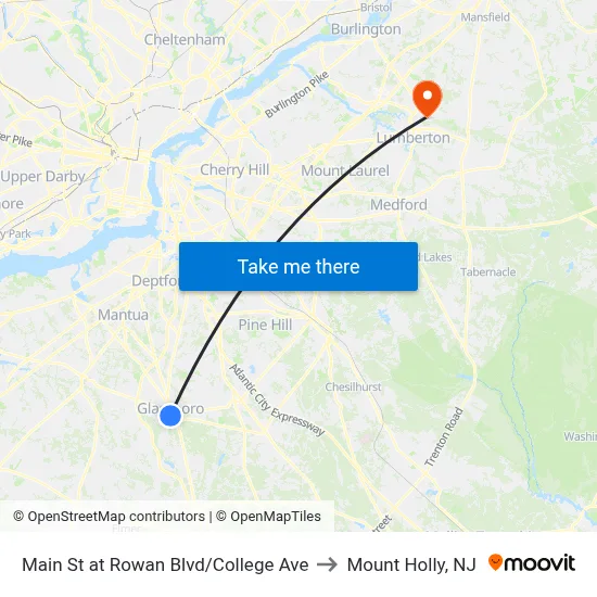 Main St at Rowan Blvd/College Ave to Mount Holly, NJ map