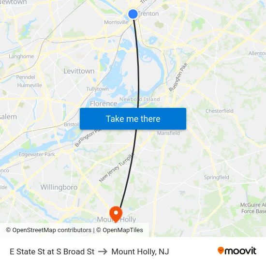 E State St at S Broad St to Mount Holly, NJ map