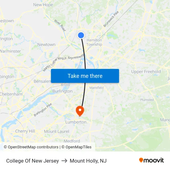 College Of New Jersey to Mount Holly, NJ map