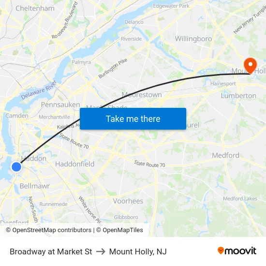 Broadway at Market St to Mount Holly, NJ map