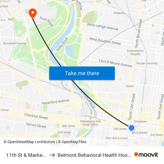 11th St & Market St to Belmont Behavioral Health Hospital map