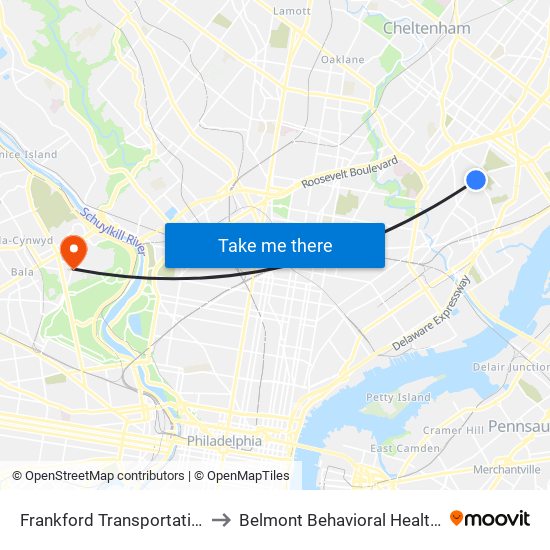 Frankford Transportation Center to Belmont Behavioral Health Hospital map