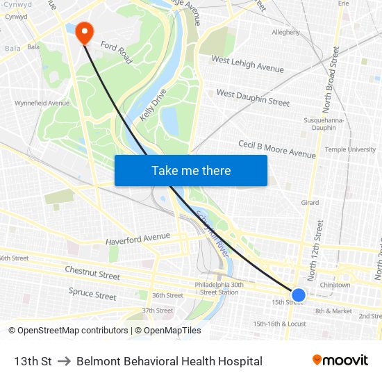 13th St to Belmont Behavioral Health Hospital map