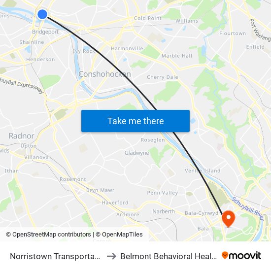 Norristown Transportation Center to Belmont Behavioral Health Hospital map