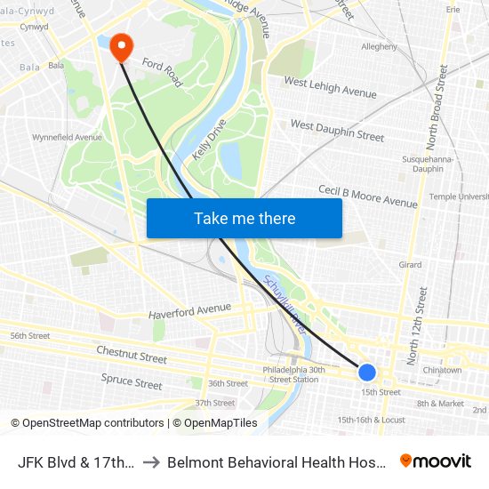 JFK Blvd & 17th St to Belmont Behavioral Health Hospital map