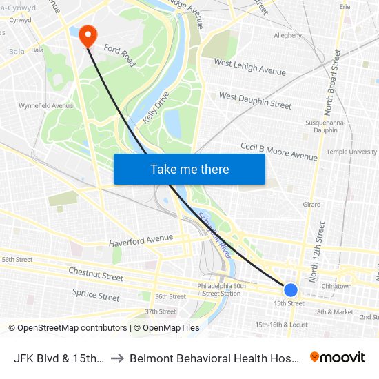 JFK Blvd & 15th St to Belmont Behavioral Health Hospital map