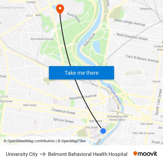 University City to Belmont Behavioral Health Hospital map