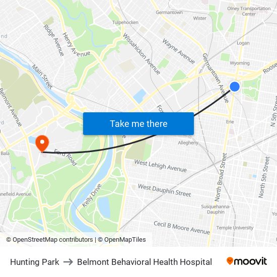 Hunting Park to Belmont Behavioral Health Hospital map
