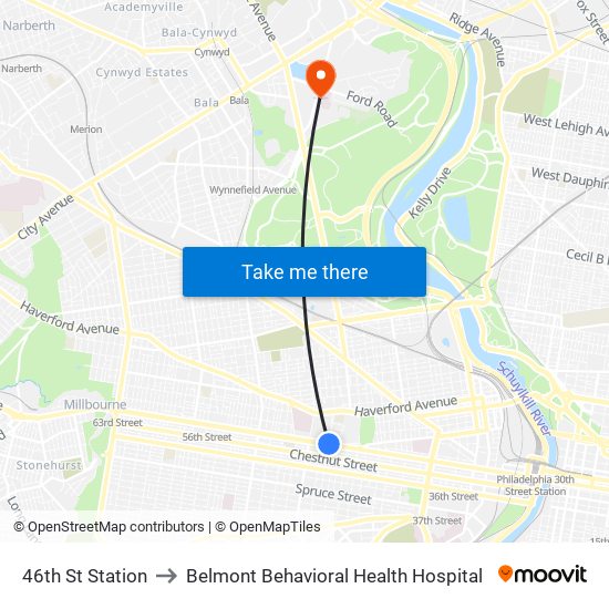 46th St Station to Belmont Behavioral Health Hospital map