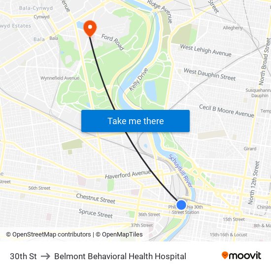 30th St to Belmont Behavioral Health Hospital map
