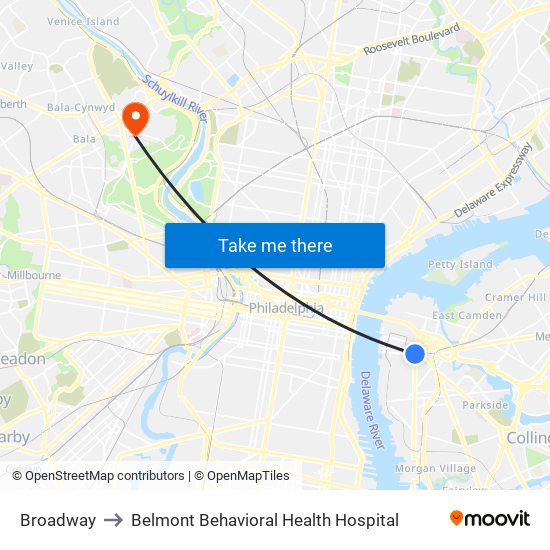 Broadway to Belmont Behavioral Health Hospital map