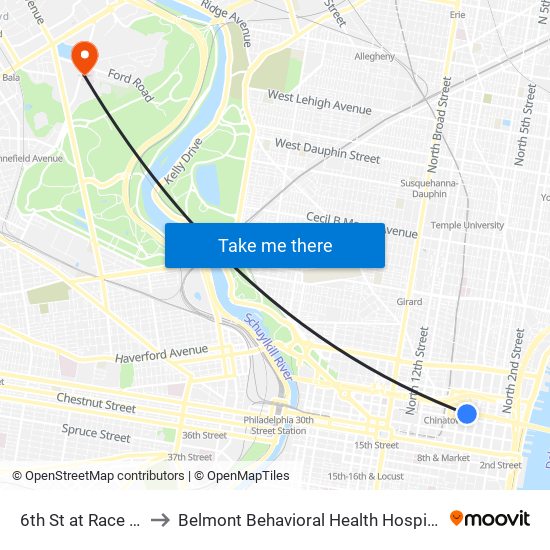 6th St at Race St to Belmont Behavioral Health Hospital map