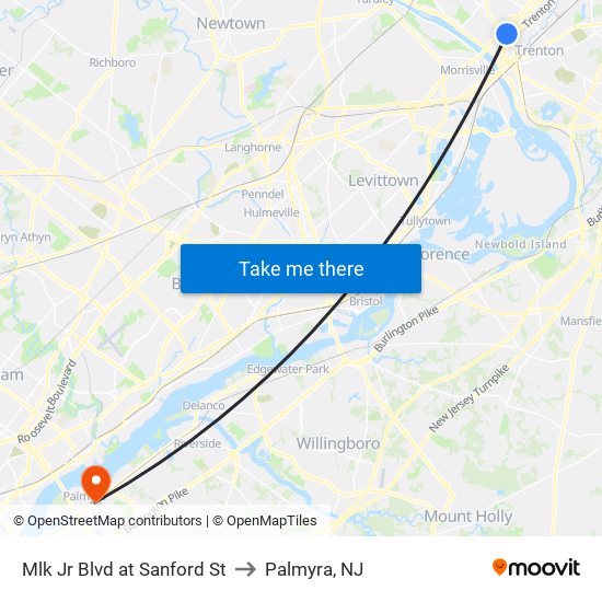 Mlk Jr Blvd at Sanford St to Palmyra, NJ map