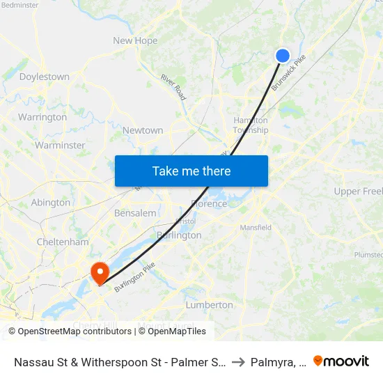 Nassau St & Witherspoon St - Palmer Square to Palmyra, NJ map