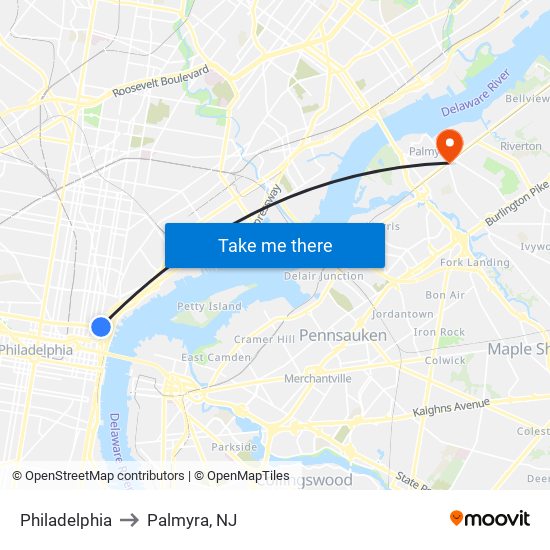 Philadelphia to Palmyra, NJ map