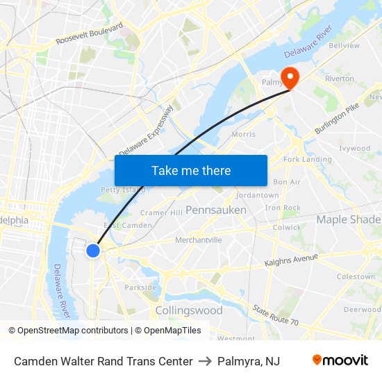 Camden Walter Rand Trans Center to Palmyra, NJ map
