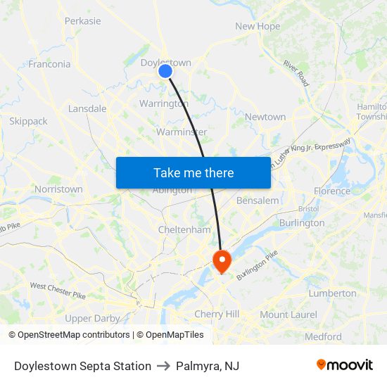 Doylestown Septa Station to Palmyra, NJ map