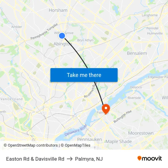 Easton Rd & Davisville Rd to Palmyra, NJ map