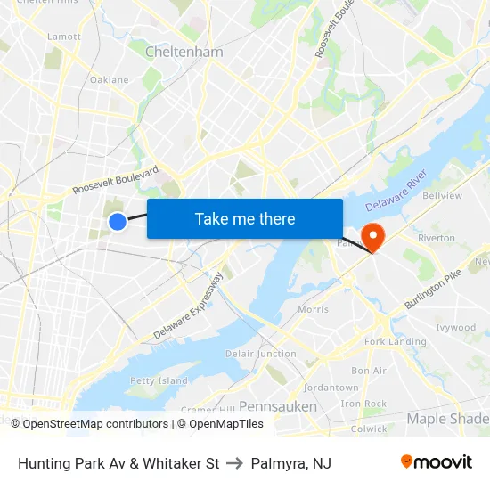 Hunting Park Av & Whitaker St to Palmyra, NJ map