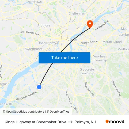 Kings Highway at Shoemaker Drive to Palmyra, NJ map