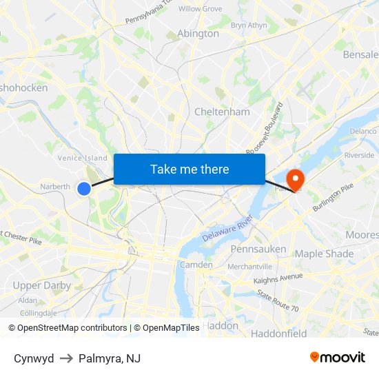 Cynwyd to Palmyra, NJ map