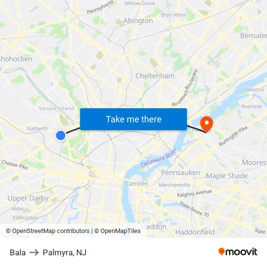 Bala to Palmyra, NJ map