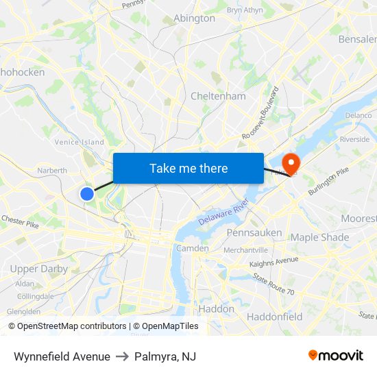 Wynnefield Avenue to Palmyra, NJ map