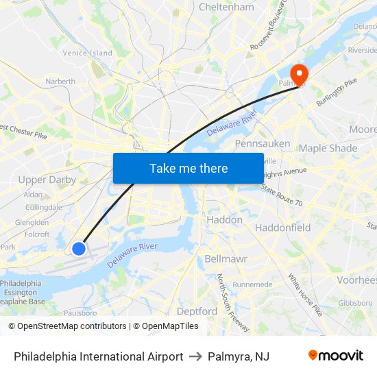 Philadelphia International Airport to Palmyra, NJ map