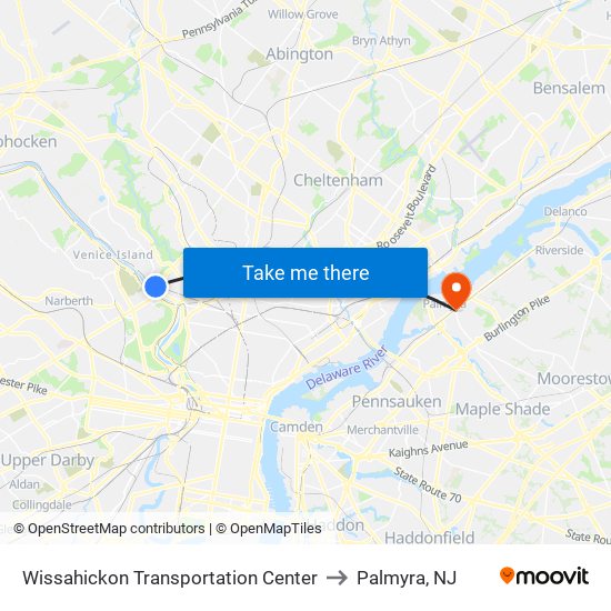 Wissahickon Transportation Center to Palmyra, NJ map