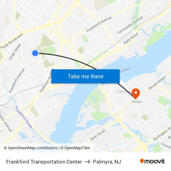 Frankford Transportation Center to Palmyra, NJ map