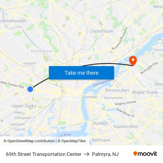 69th Street Transportation Center to Palmyra, NJ map