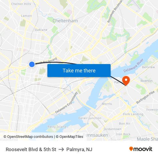 Roosevelt Blvd & 5th St to Palmyra, NJ map