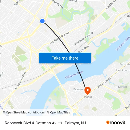 Roosevelt Blvd & Cottman Av to Palmyra, NJ map