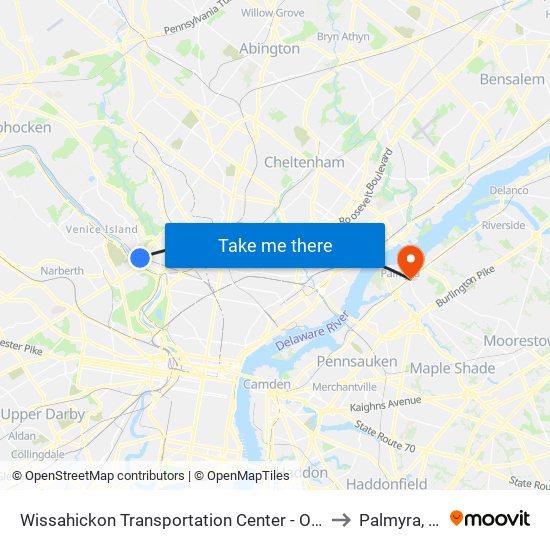 Wissahickon Transit Center to Palmyra, NJ map