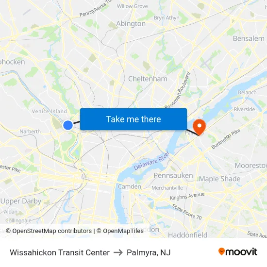 Wissahickon Transit Center to Palmyra, NJ map