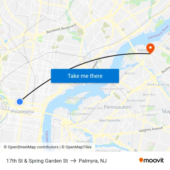 17th St & Spring Garden St to Palmyra, NJ map