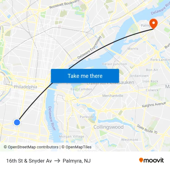 16th St & Snyder Av to Palmyra, NJ map