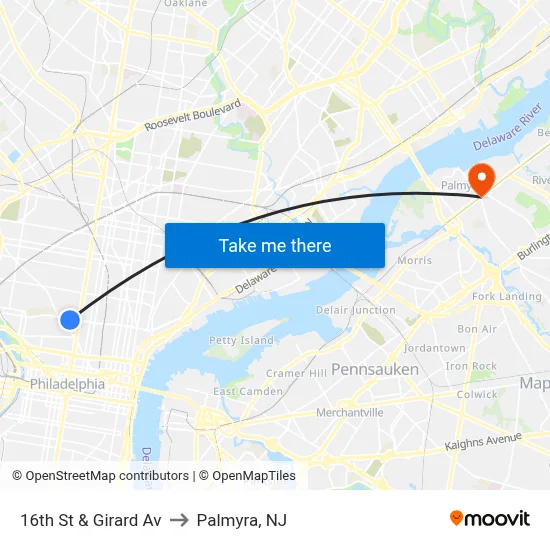 16th St & Girard Av to Palmyra, NJ map