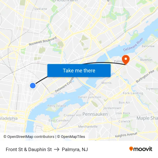 Front St & Dauphin St to Palmyra, NJ map