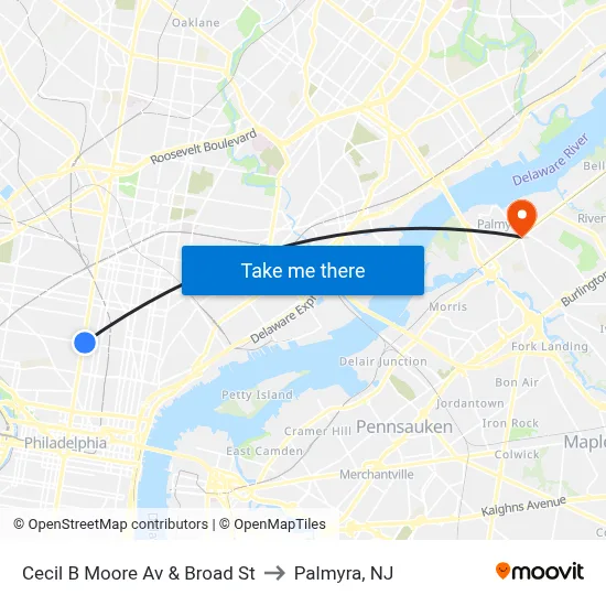 Cecil B Moore Av & Broad St to Palmyra, NJ map