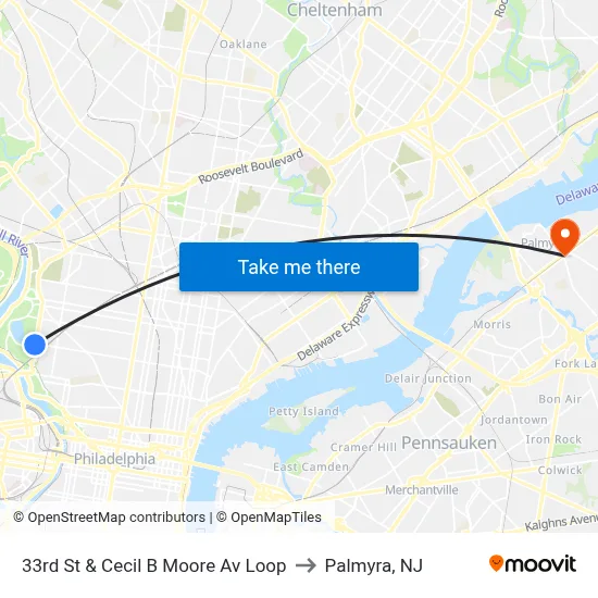 33rd St & Cecil B Moore Av Loop to Palmyra, NJ map