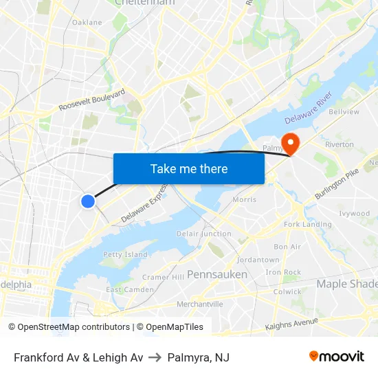 Frankford Av & Lehigh Av to Palmyra, NJ map