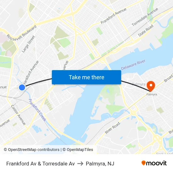 Frankford Av & Torresdale Av to Palmyra, NJ map