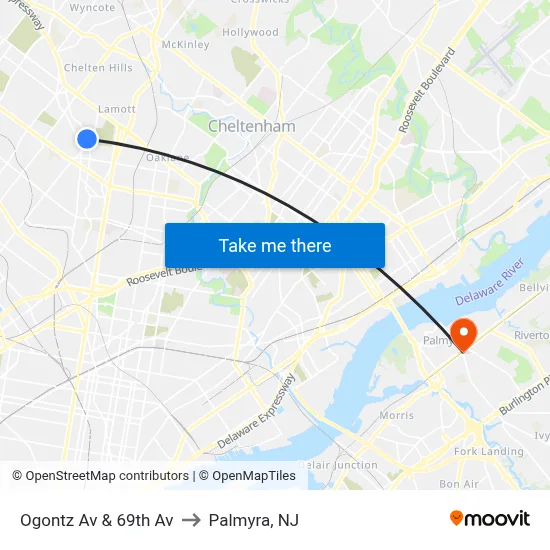 Ogontz Av & 69th Av to Palmyra, NJ map