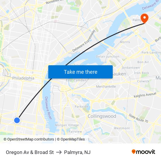 Oregon Av & Broad St to Palmyra, NJ map