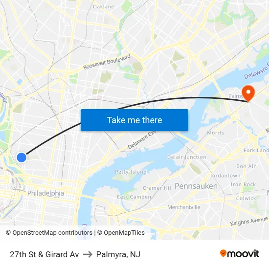 27th St & Girard Av to Palmyra, NJ map
