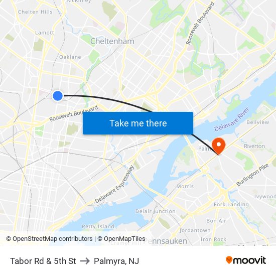 Tabor Rd & 5th St to Palmyra, NJ map