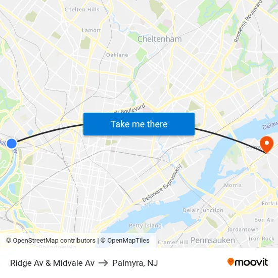Ridge Av & Midvale Av to Palmyra, NJ map
